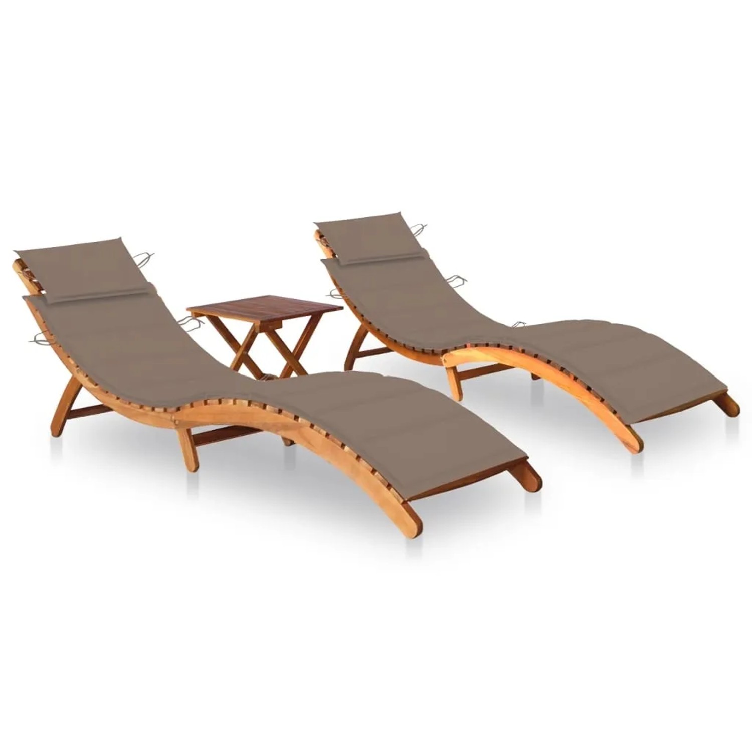 vidaXL Sonnenliegen 2 Stk. mit Tisch und Auflagen Kissenfarbe  Taupe Massivholz Akazie
