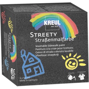Kreul Streety Straßenmalfarbe Starter Set, 4x120ml, mit Regenbogen und Haus Illustration.