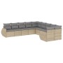 Beige 10-tlg. Garten-Sofagarnitur aus Poly Rattan mit grauen Kissen.