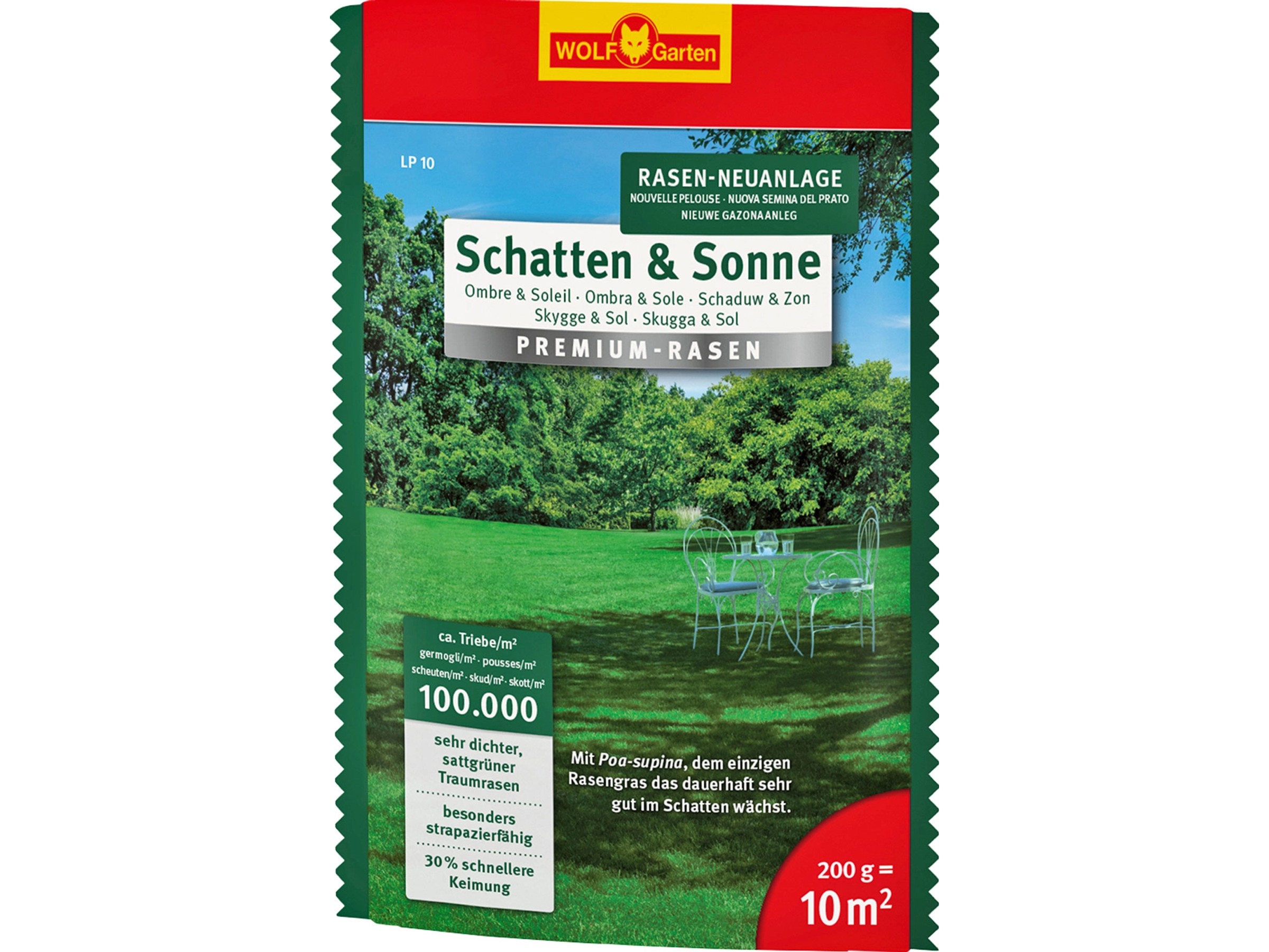 WOLF Garten Premium-Rasen „Schatten & Sonne“ LP Für 200 M² – Saatgut Mit Keimgarantie & Langzeitwirkung
