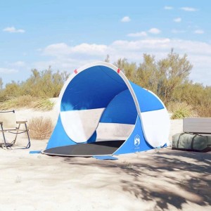 Azurblaues Pop Up Strandzelt (205x125x90 cm) mit offenem Eingang auf Sandstrand. Ideal für Camping & Zubehör.