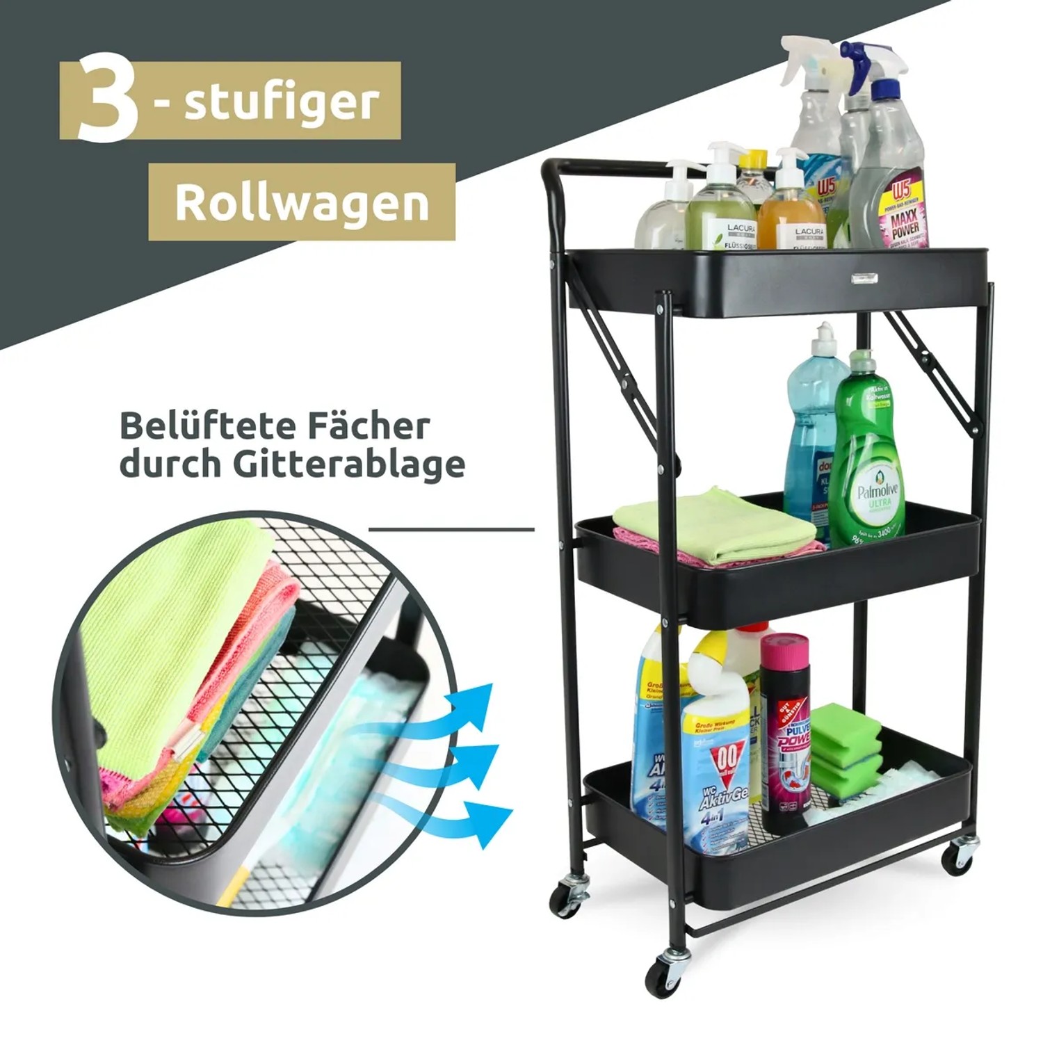 deluxe4home Klappbarer Rollwagen mit 3 Ebenen, schwarz, für Bad und Küche.