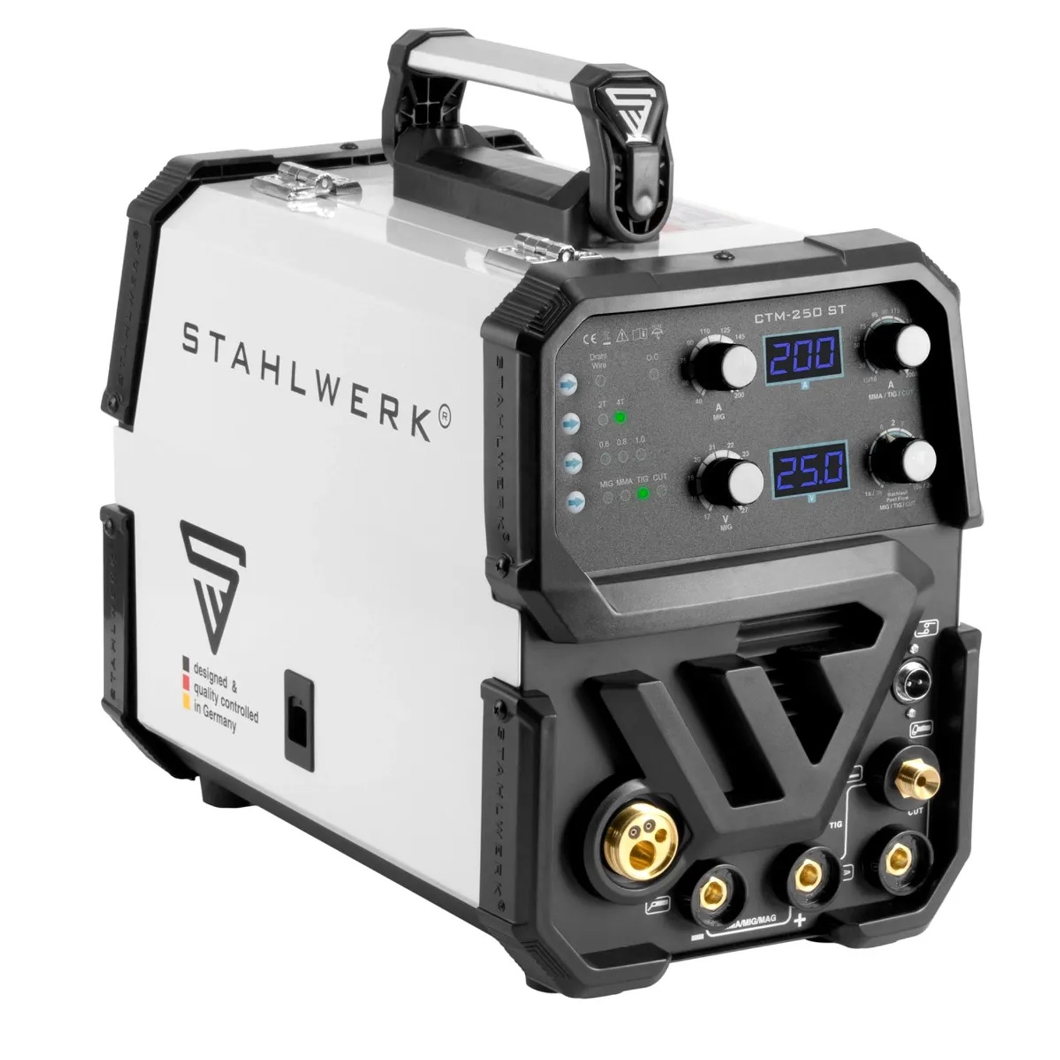 STAHLWERK CTM-250 ST Kombi-Schweißgerät mit Tragegriff. Zum WIG-, MIG-, MAG-, MMA- und Plasmaschneiden.