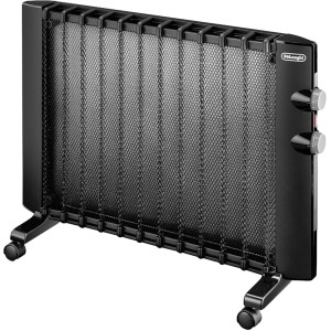 Schwarze DeLonghi Wärmewelle HMP 1500 mit Kippschutz und Rollen, ein elektrisches Heizgerät.