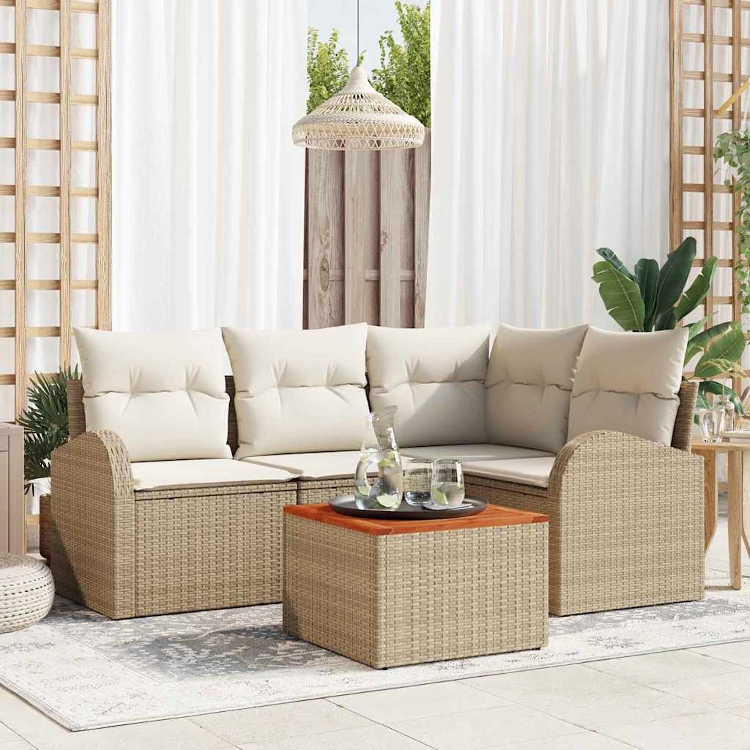 Beige vidaXL Gartenmöbel-Set, 5-teilig, mit Rattan-Sofa und Tisch für Terrasse oder Garten.