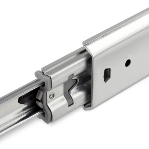 SOTECH Vollauszug 80 Kg 550 mm Soft Close, Detail des verzinkten Stahl Schubkastenauszugs mit Kugelkäfig.