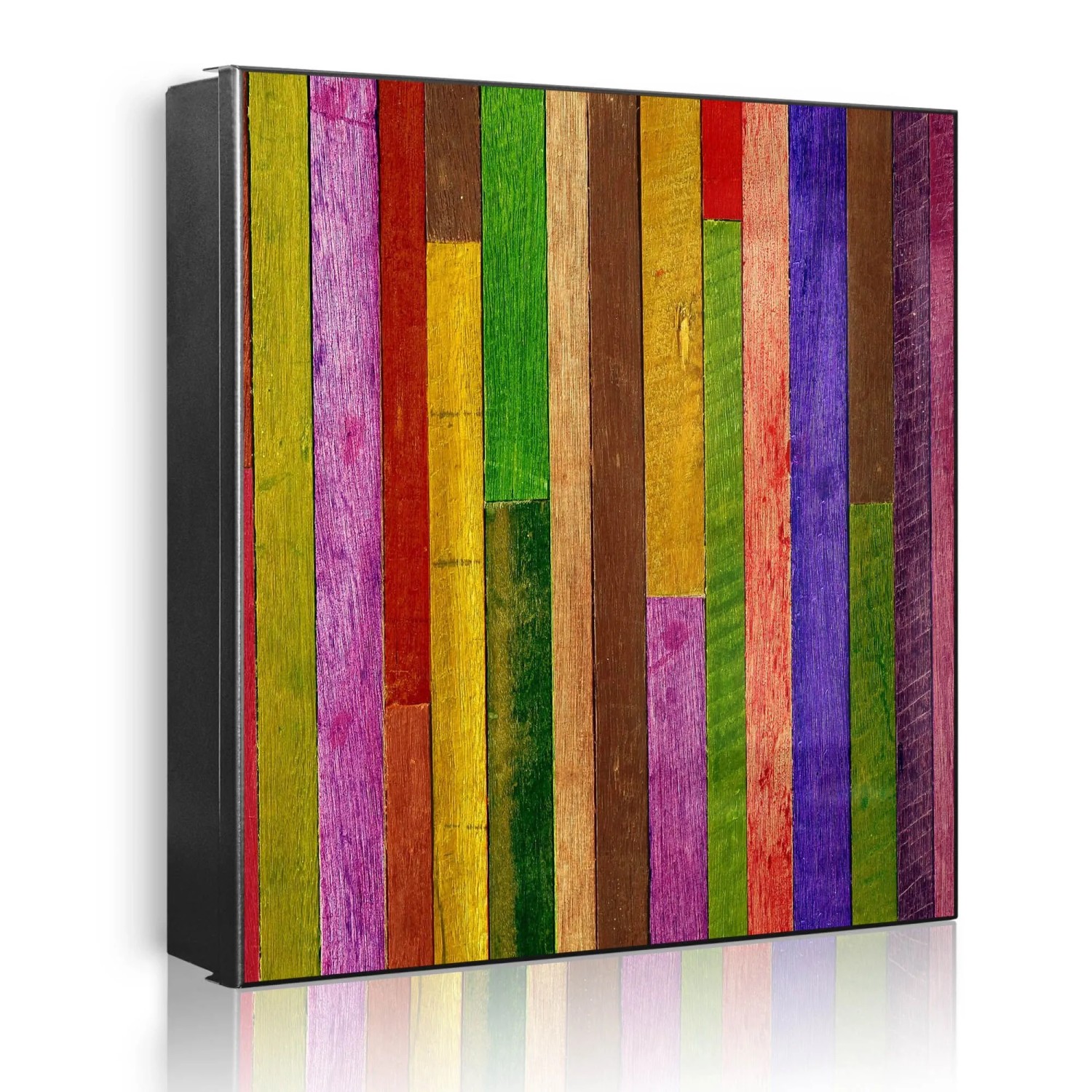 Banjado Großer Schlüsselkasten Metall 30x30cm Schwarz Scharnier Links 50 Haken Beschreibbar Magnetisch Motiv Holz Collage Bunt