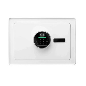 Weißer KARAT Tresor mit elektronischem Code- und Fingerabdruckschloss, 25x35x25 cm.