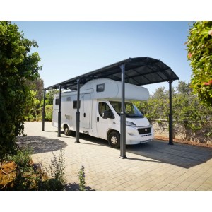 Canopia Carport Arcadia Alpine 8500 in Anthrazit mit Wohnmobil. Robuste Konstruktion mit sechs Pfosten.