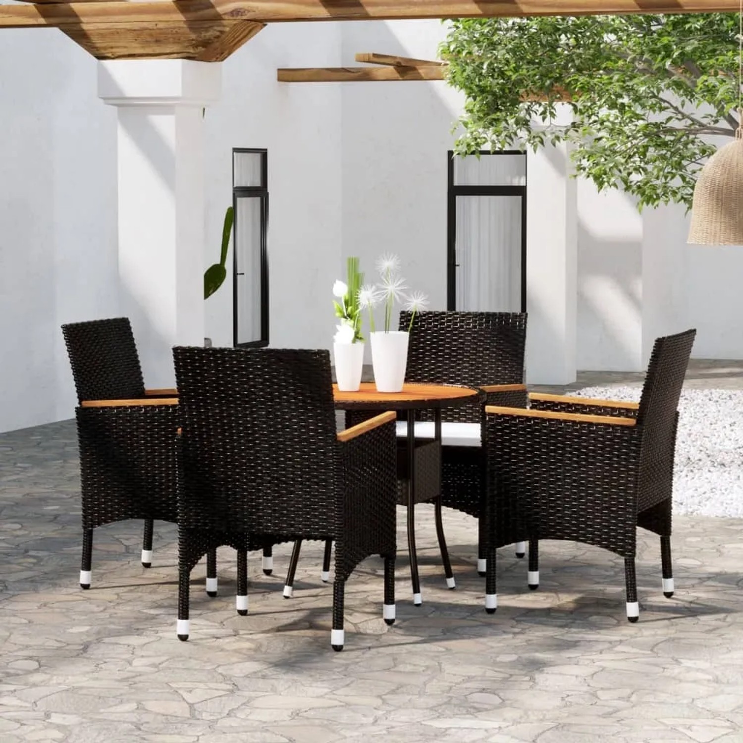 vidaXL 5-tlg. Garten-Essgruppe aus Poly Rattan in Schwarz mit Akazientisch und 4 Stühlen.