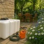 Weißer KMND 200L Rechteck-Wassertank aus PE für Trinkwasser im Garten, mit Schlauch und Gießkanne auf Terrasse.