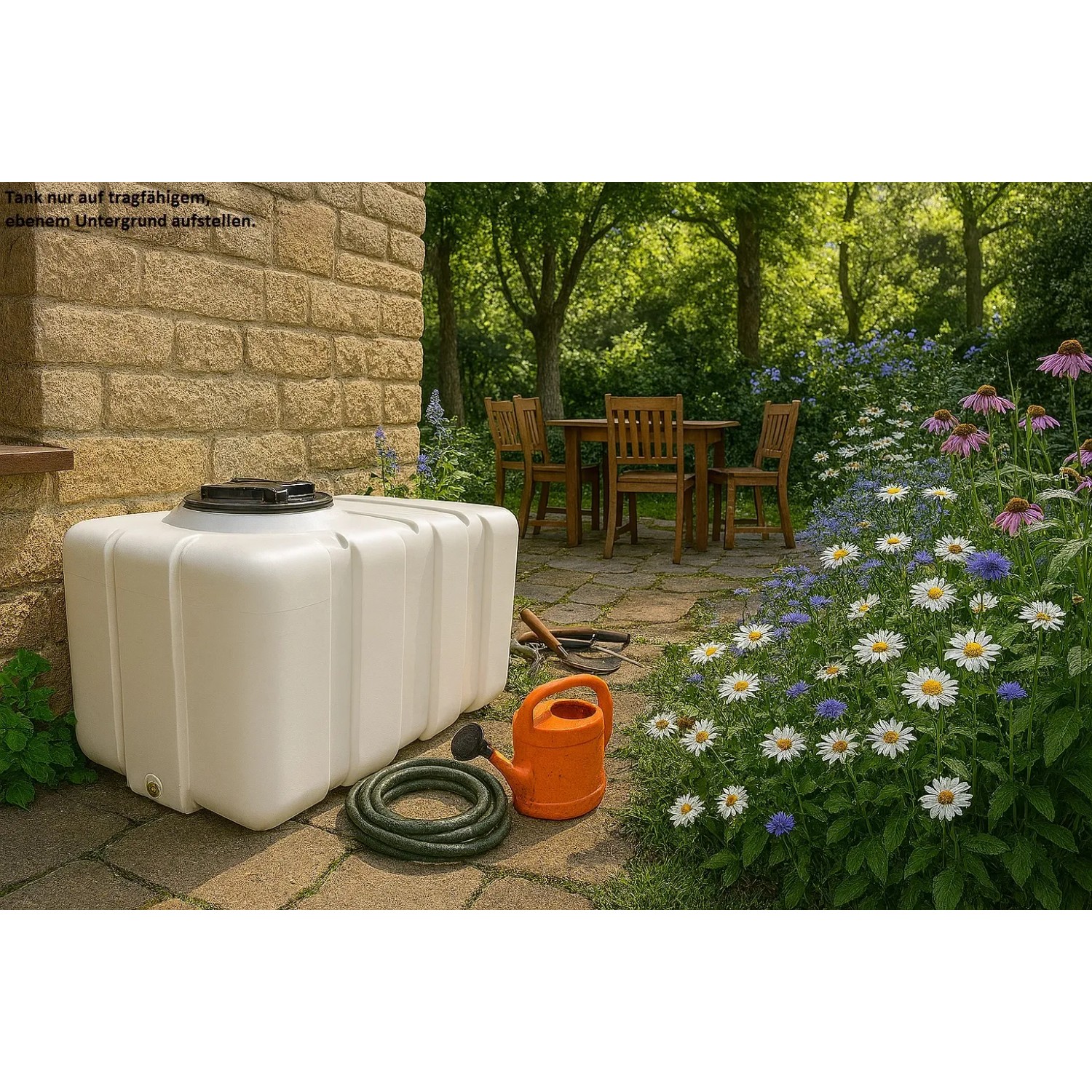 Weißer KMND 200L Rechteck-Wassertank aus PE für Trinkwasser im Garten, mit Schlauch und Gießkanne auf Terrasse.
