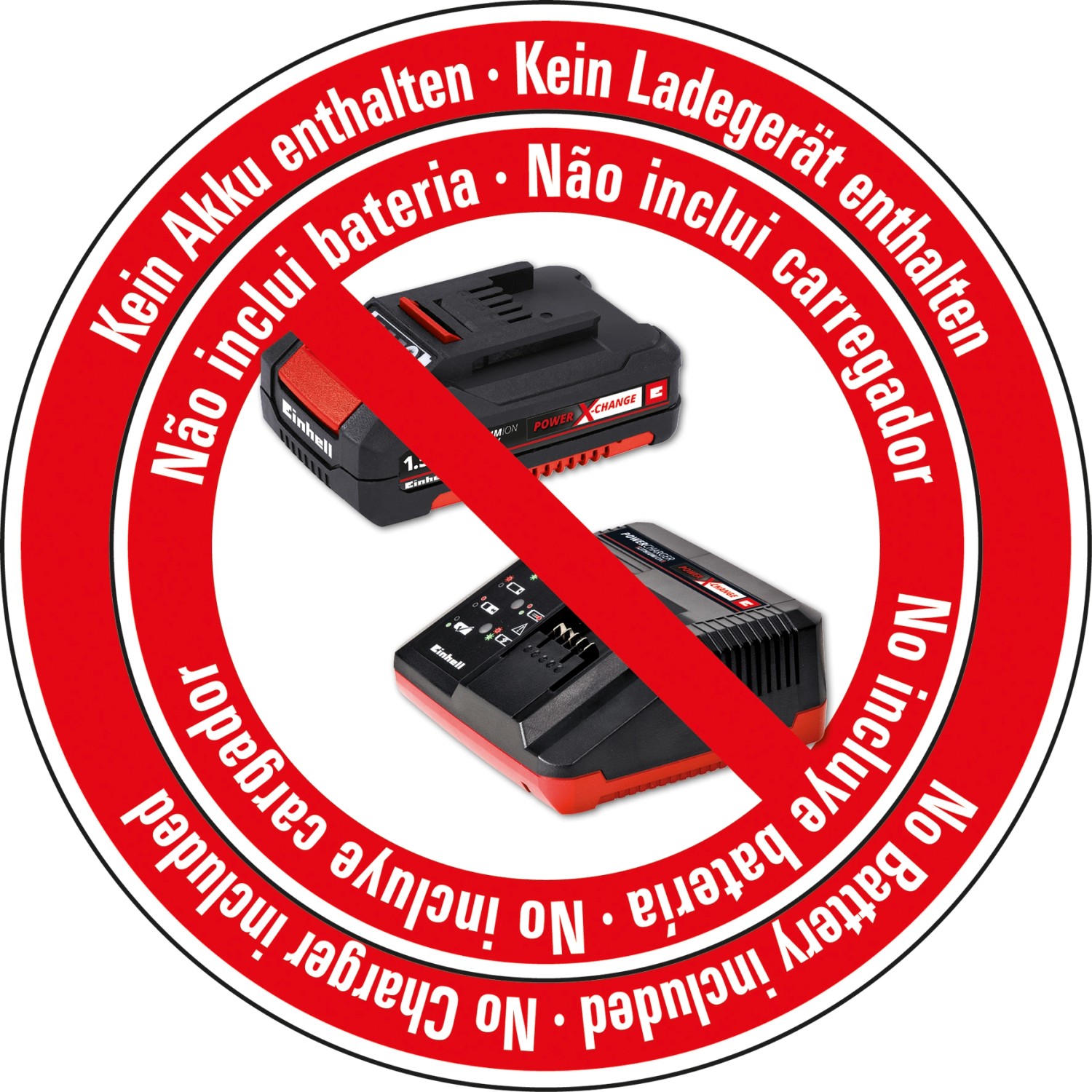 Symbol: Kein Akku, kein Ladegerät im Lieferumfang des Einhell Drucksprühgeräts enthalten.