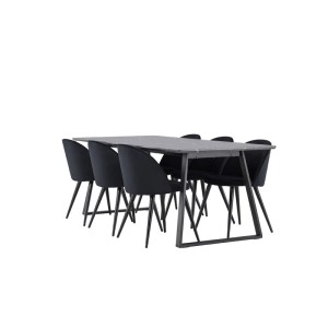 ebuy24 Malaga Essgruppe mit Esstisch in Dunkelgrau und 6 Skagen Stühlen in Velours Schwarz.