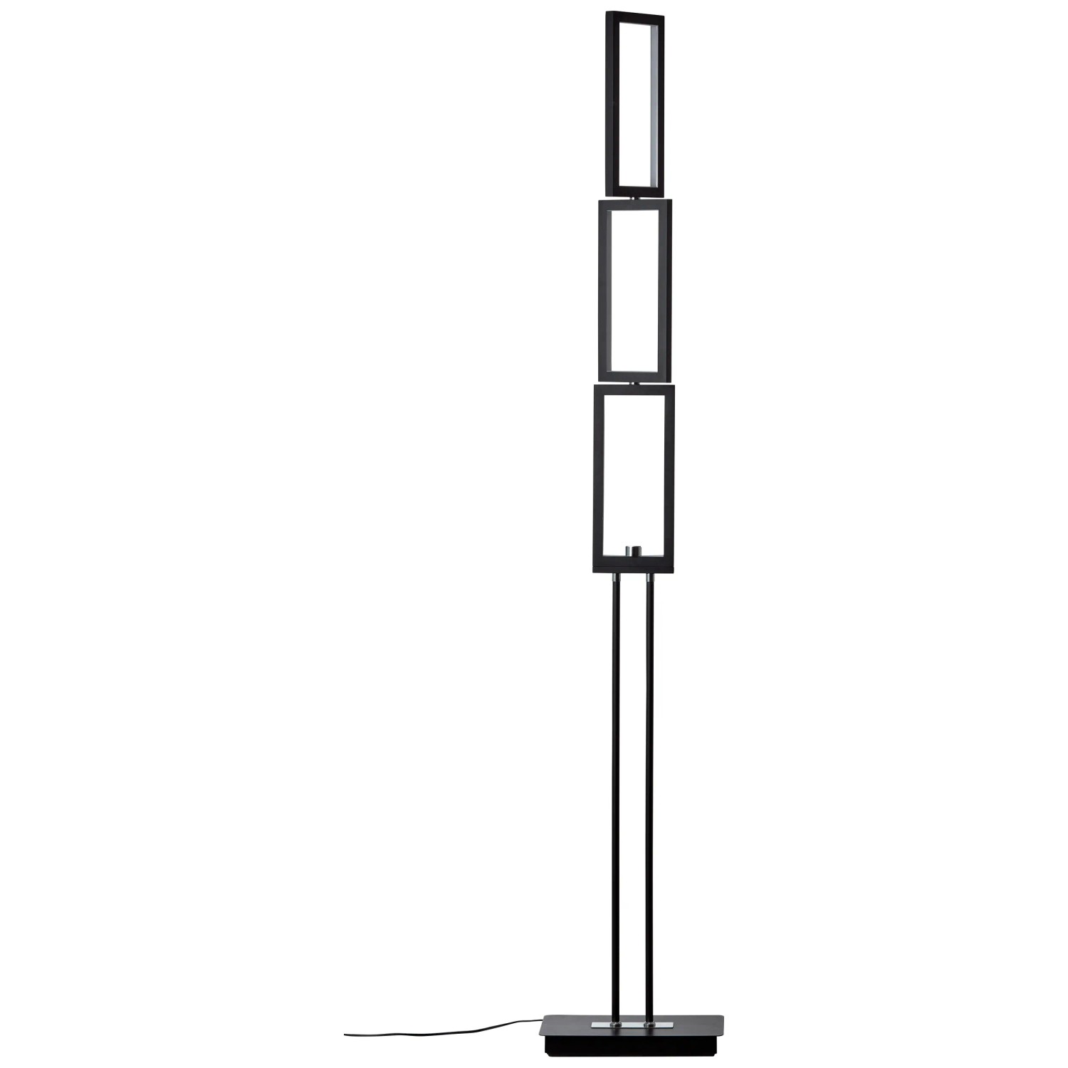 Schwarze LED-Stehlampe Ranut, 150 cm hoch, mit drei schwenkbaren, rechteckigen Elementen.
