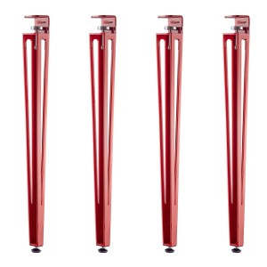 Vier rote, konische SOTECH Tischbeine in F-Form aus Stahl, 745 mm hoch, mit Klemmschraube. Möbelbeine.