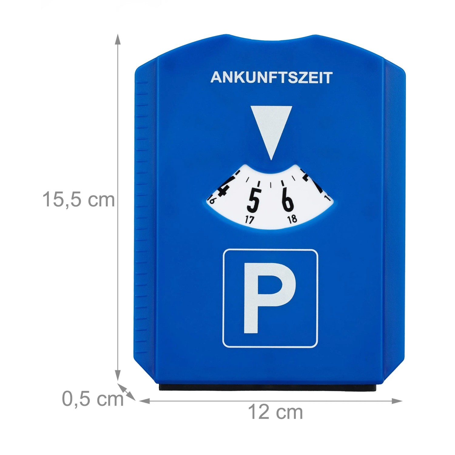 Blaue Parkscheibe aus Kunststoff mit analoger Zeiteinstellung und P-Symbol. Inkl. Eiskratzer & Einkaufswagenchips. 15,5x12x0,5 cm.