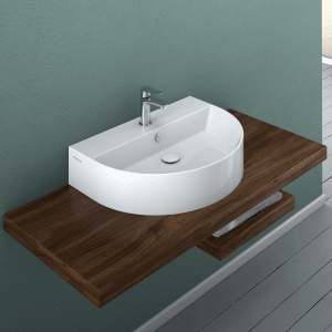 Domberg Waschtisch DB2003, 60x45 cm, weiß, auf Holzplatte mit Armatur. Handwaschbecken für Bad.