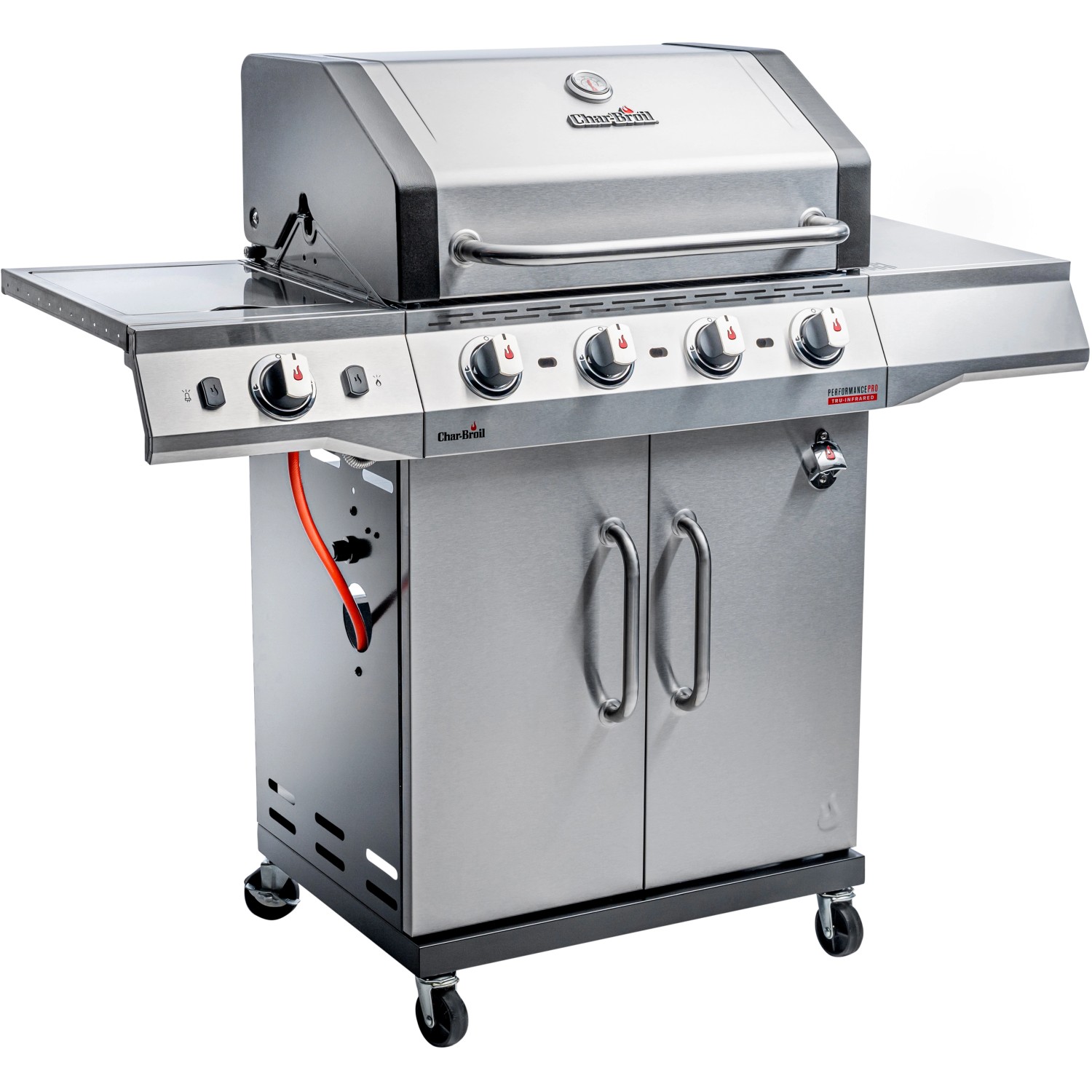 Char-Broil Gasgrill Performance PRO S 4 mit 4 Brennern, Edelstahl, mit Seitenbrenner und Unterschrank.