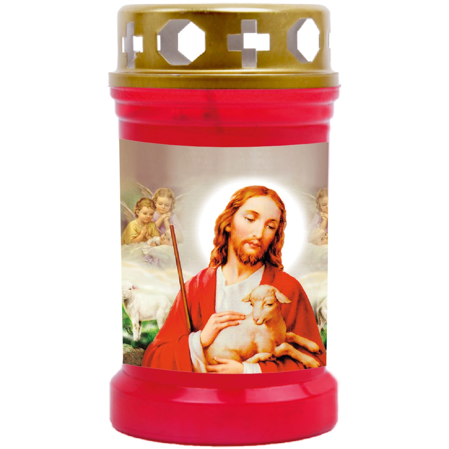 HS Candle Grabkerze Rot 40h Inkl. Deckel Gold Jesus Mit Lamm günstig online kaufen