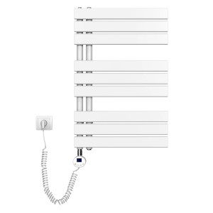 Weißer, elektrischer Emke Badheizkörper 50x76cm mit Thermostat und Timer.