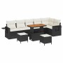 Schwarzes 9-teiliges vidaXL Garten-Sofa-Set aus Poly Rattan mit Tisch und Hockern.