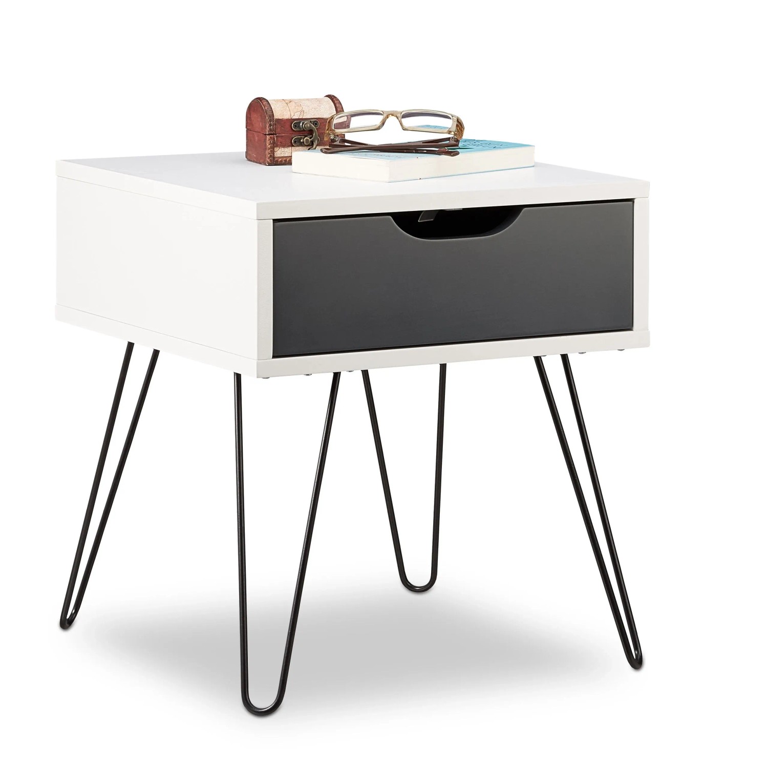 Relaxdays Nachttisch MDF Eisen Weiß Grau mit Schublade 44 cm x 40 cm x 40 cm