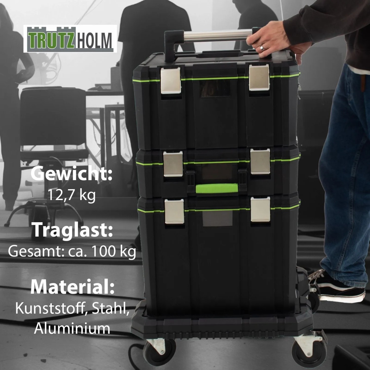 TRUTZHOLM Profi Stapelboxen mit Rollbrett, 3 Boxen, schwarz/grün, Werkstattwagen.