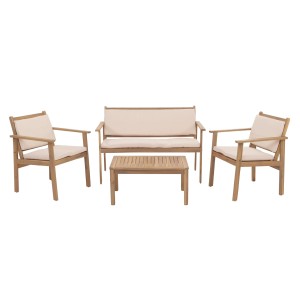 Proregal Garten-Garnitur aus geöltem Akazienholz: Bank, 2 Sessel, Tisch mit beigen Kissen. Lounge-Set für Outdoor.