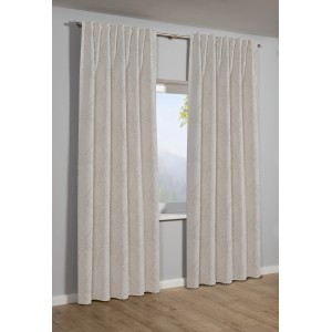 Blickdichter, naturfarbener Sehlbach Fertigschal mit Zweig-Relief, geeignet für Gardinenstange und -schiene.