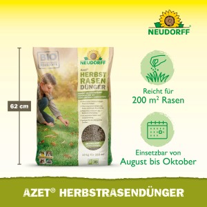 Packung Neudorff Azet Herbst-Rasendünger, 10 kg, für einen widerstandsfähigen Rasen im Winter.