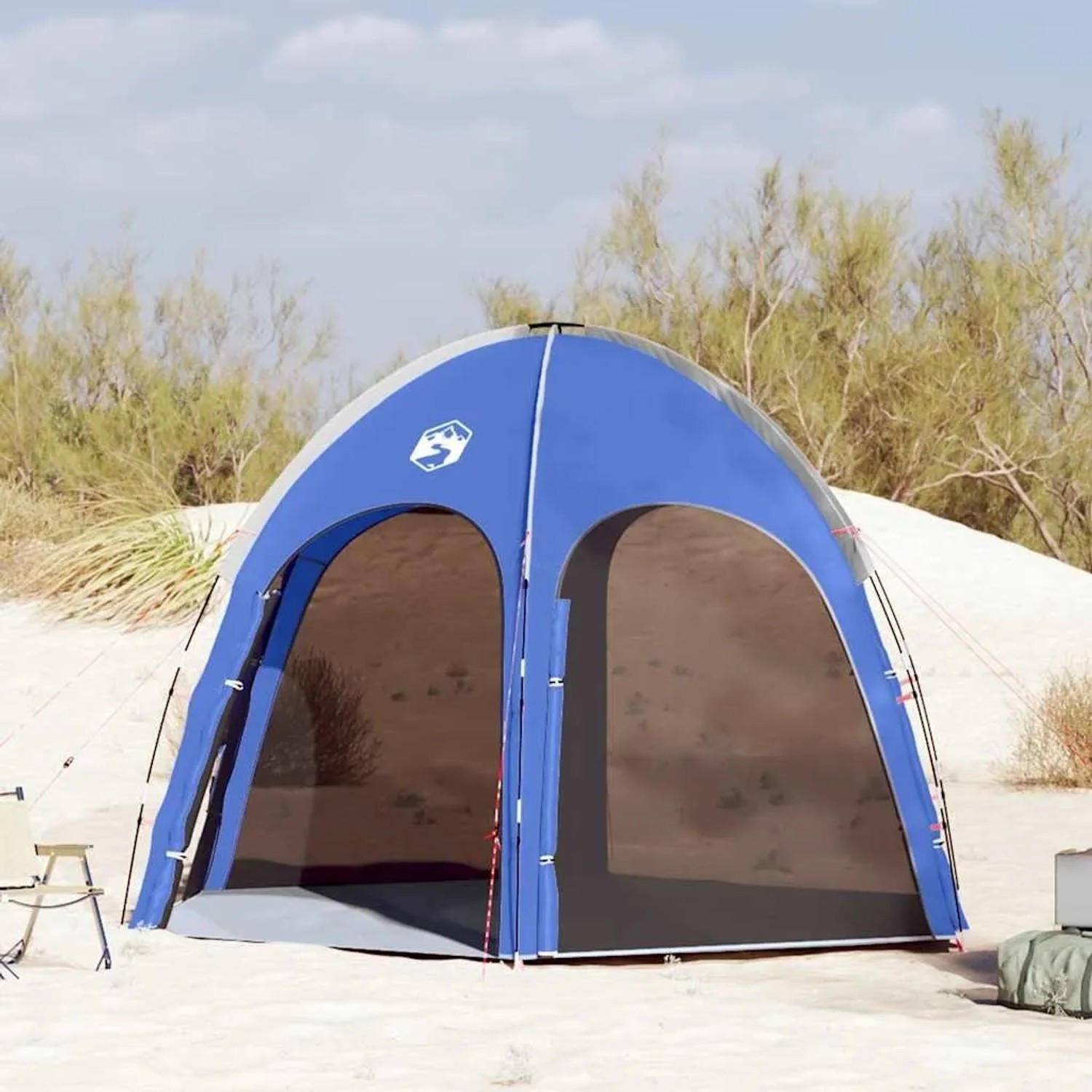 Azurblaues vidaXL Poolzelt mit Kuppeldach auf Sandboden. Vielseitiger Pavillon für Garten, Pool oder Strand.