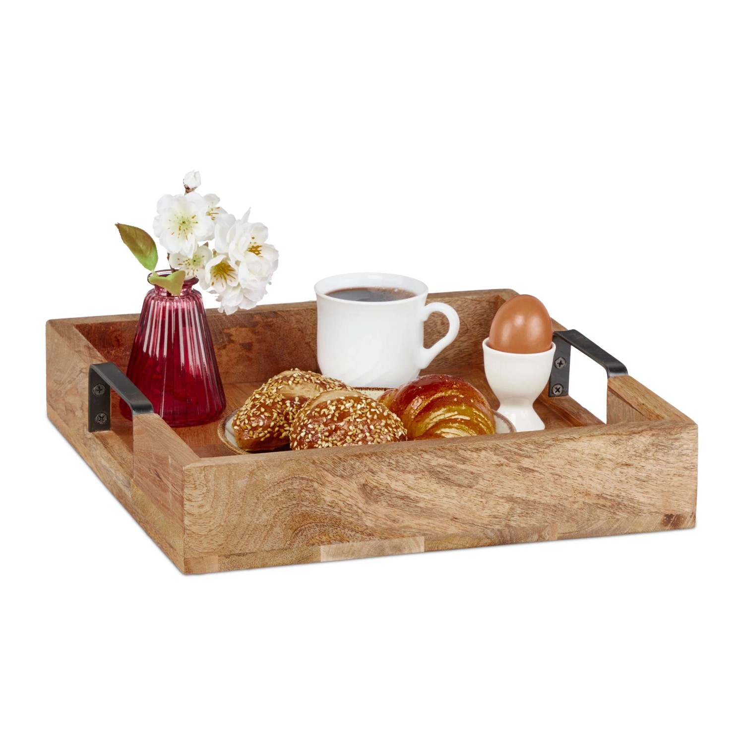 Relaxdays Serviertablett Mangoholz Eisen Natur Schwarz Mit Griffen 7,5 cm x 35 cm x 35 cm 2,1 kg