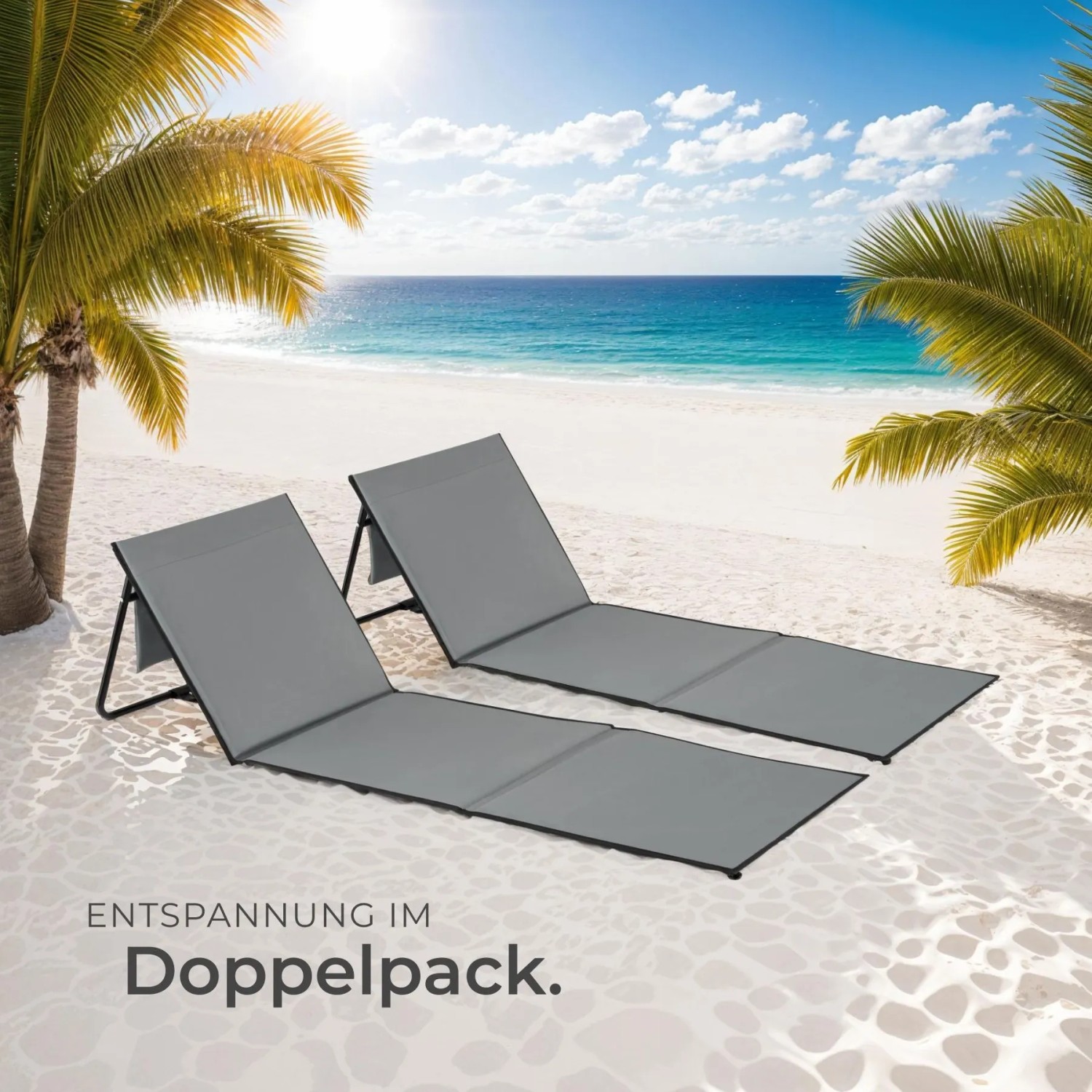 2er Set Tectake Strandmatten Mina, grau-blaue Sonnenliegen mit verstellbarer Rückenlehne am Strand.