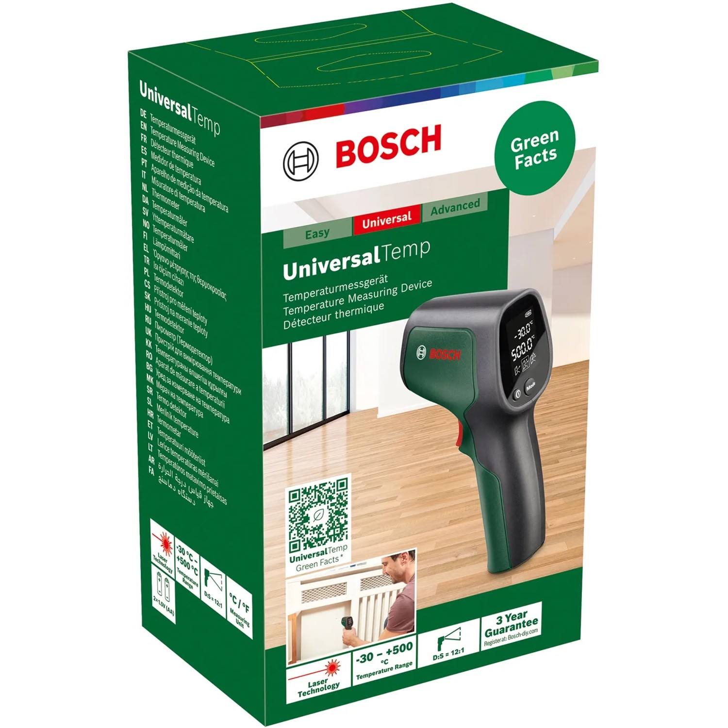 Bosch UniversalTemp Infrarot-Thermometer im Karton. Messwerkzeug für -30°C bis +500°C.
