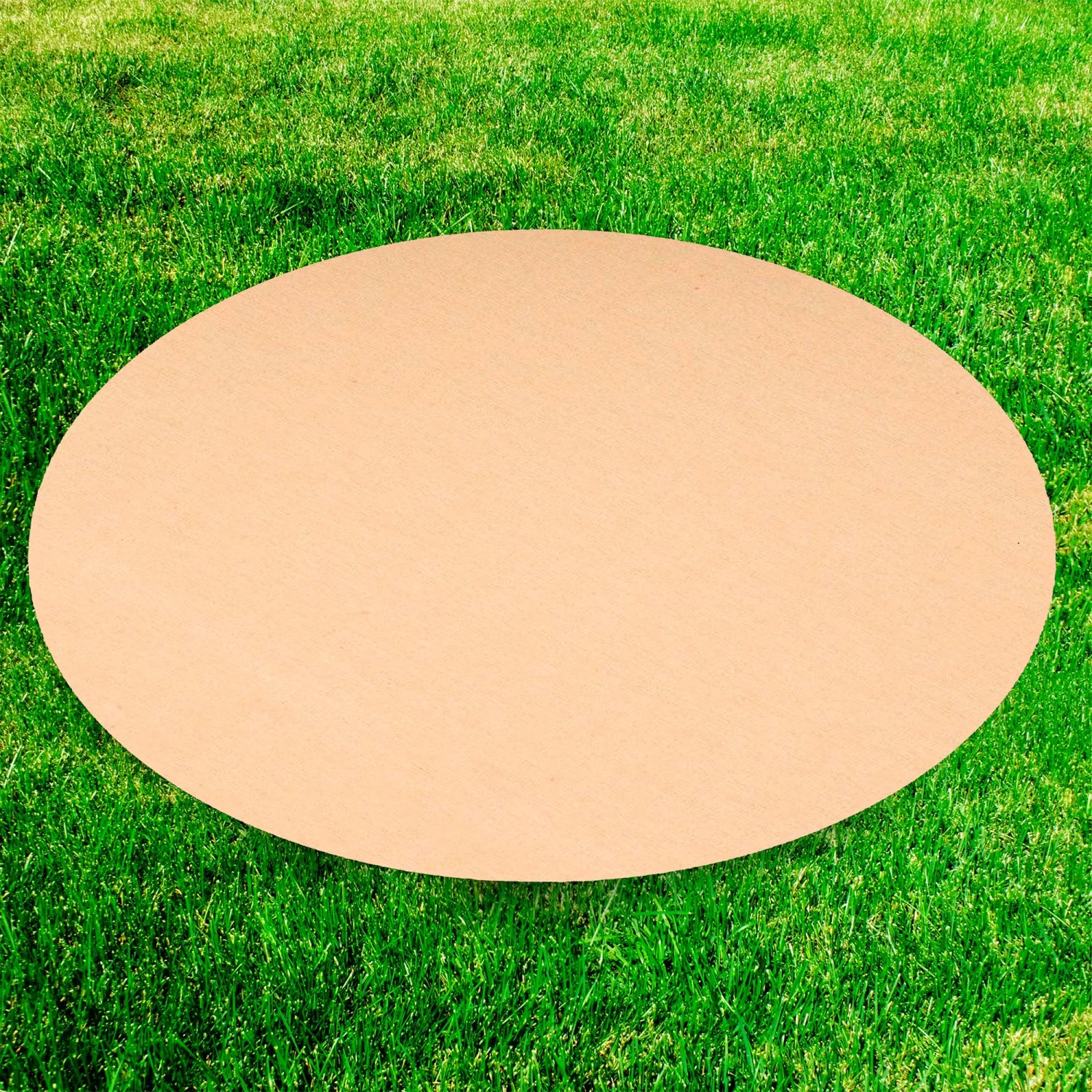Rundes, beiges Poolvlies 140 g/m² für Pools Ø 3,5 m auf grünem Rasen.