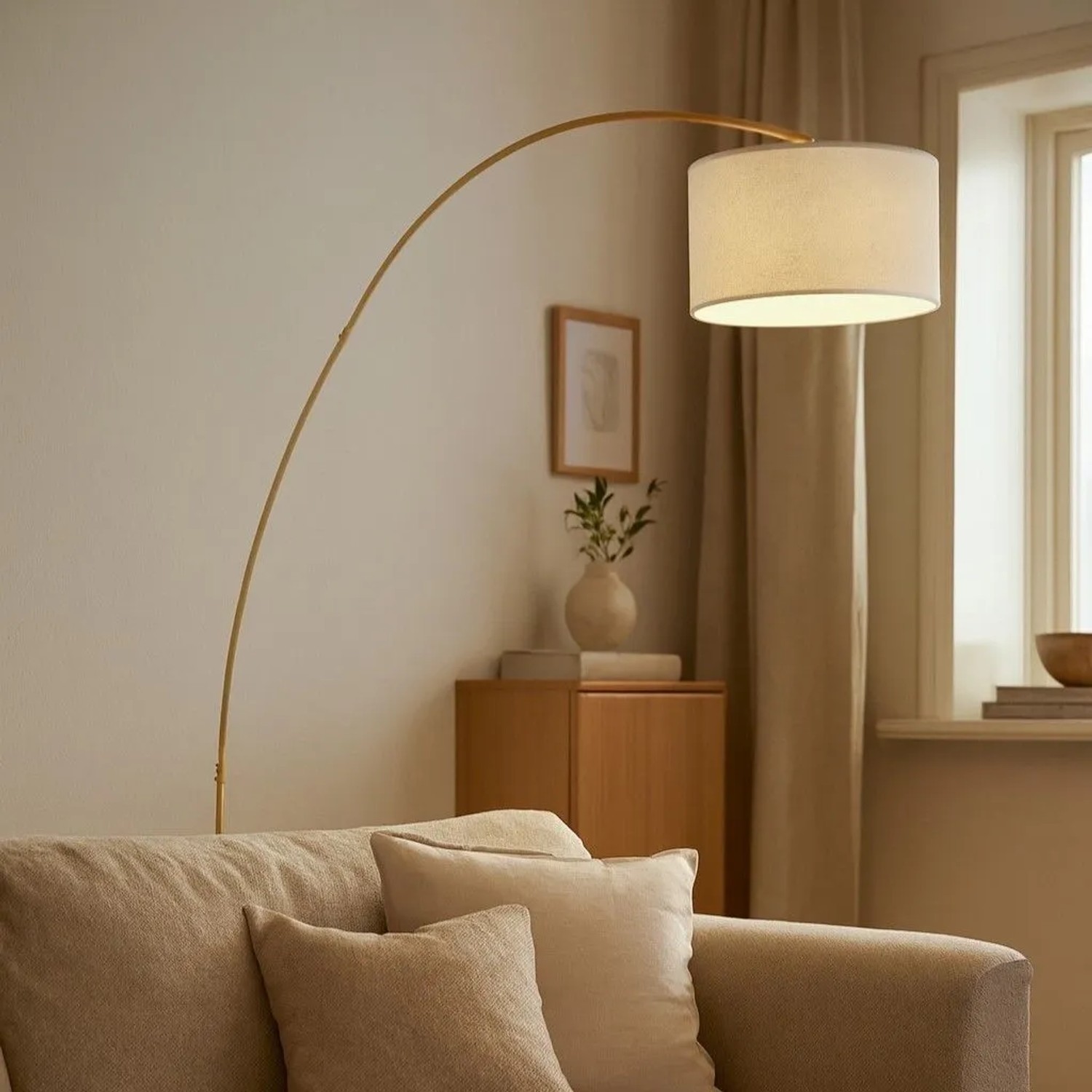 Beige Bogenlampe Vinossa mit Teddy-Schirm, moderne Innenleuchte für Wohnzimmer.