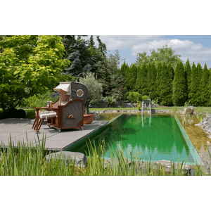 Strandkorb Westerland Mahagoni mit Bullauge und PE-Geflecht in Grau am Pool.