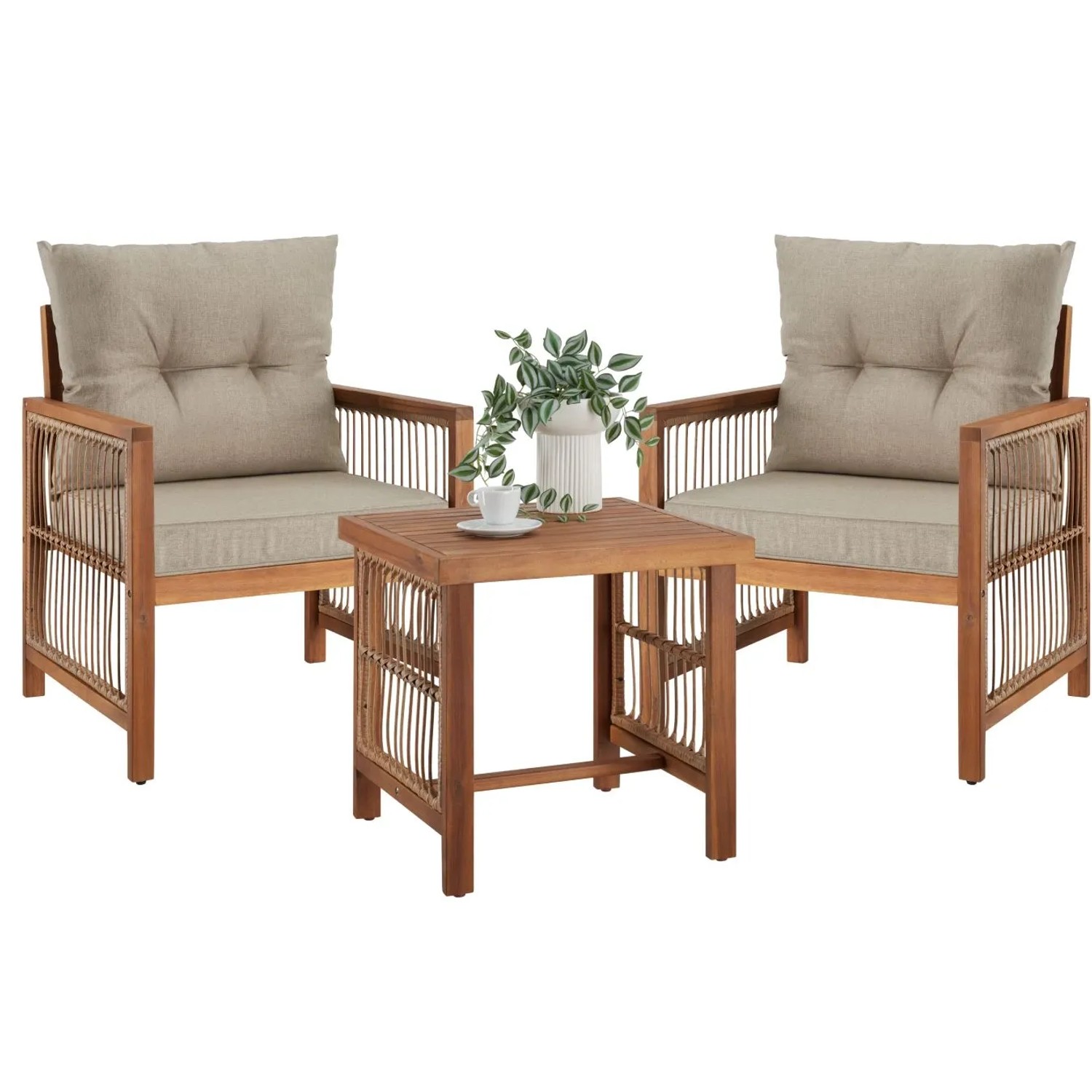 Tectake Lounge Set Eivissa Massives Holzgestell Mit Polyrattan Im Rope Design Elastische Gurtbespannung Als Sitzbasis Polsterdicke 10 Cm 64 X 64 X 7