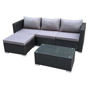 Schwarze 5-tlg. SVITA QUEENS Gartenlounge aus Polyrattan mit Tisch und grauen Polstern.