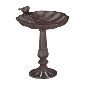 Braune Gusseisen Vogeltränke im Muschel-Design mit Spatz, wetterfest für Garten & Terrasse.