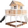 Axi Liam Spielhaus in Braun, Weiß mit grauer Rutsche und Sandkasten. Holzspielhaus für Kinder.