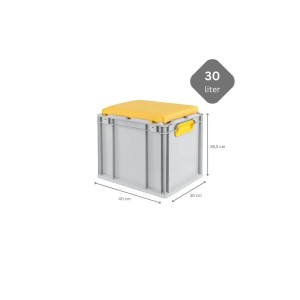 Eurobox NextGen Sitzbox, gelbes Sitzkissen, 30 Liter, mit Griffen. Aufbewahrungsbox für Werkstatt, Lager oder Garage.