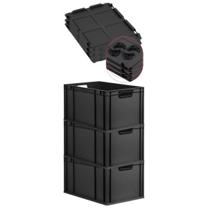 PROREGAL SuperSparSet: 3 schwarze Euroboxen mit Deckel, 65L, stapelbar, für Lagerung und Transport.