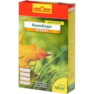 Wolf-Garten Rasendünger LK-B 100 Herbst, 2,5 kg Packung für ca. 100 m² Rasenfläche.