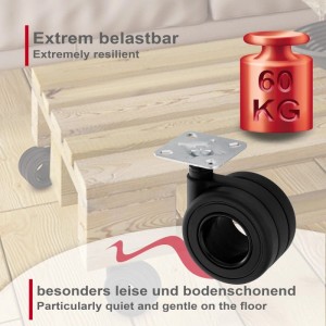 Schwarze SOTECH Doppel-Möbelrolle KÖLN, Ø65 mm, mit verzinkter Montageplatte. Belastbar bis 60 kg, leise und bodenschonend.