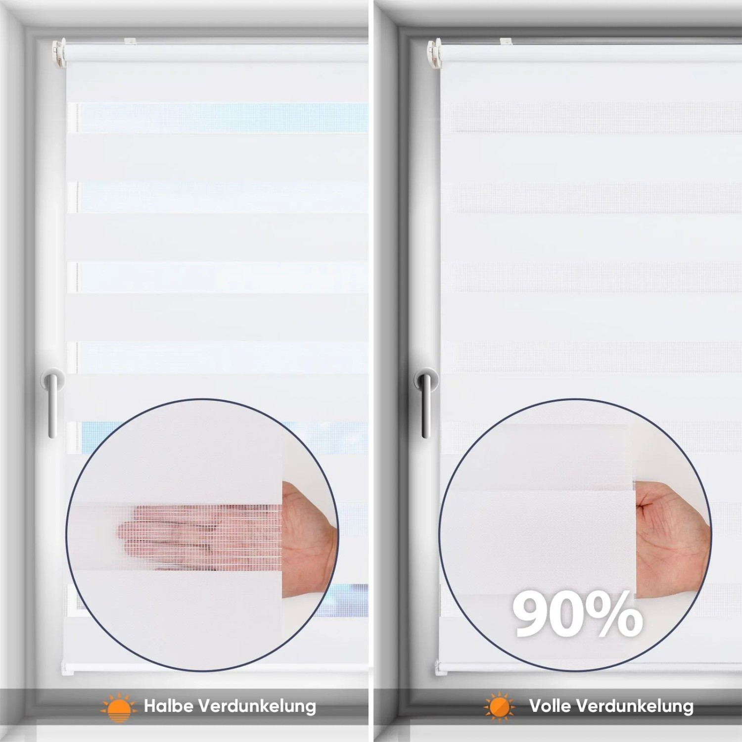 Sekey Doppelrollo Klemmfix, weiß, mit zwei Stoffbahnen zur Lichtregulierung am Fenster.