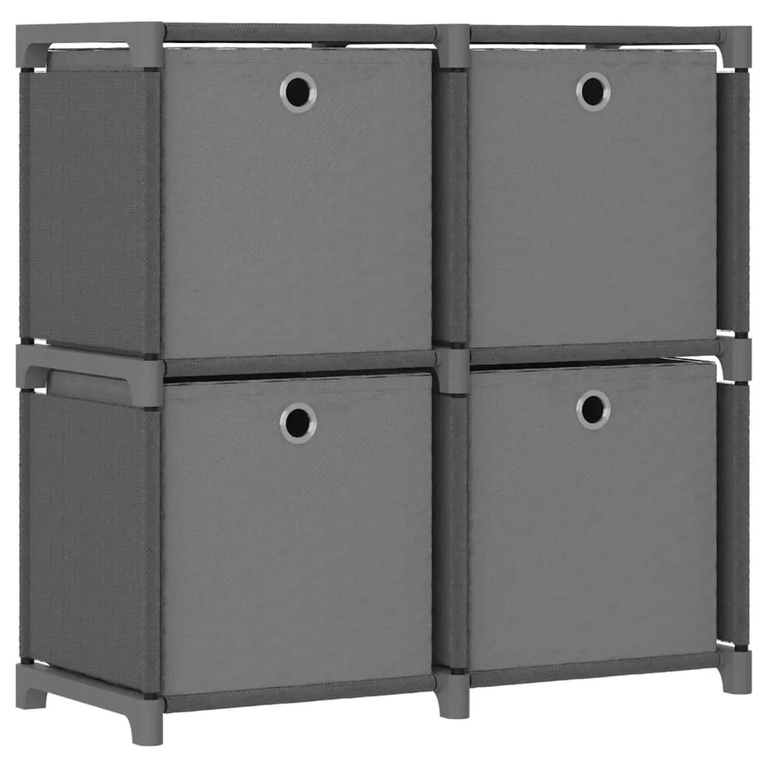 Graues Würfel-Regal mit 4 Stoffboxen, ideal zur Aufbewahrung und als Wandregal.