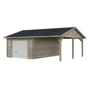 Graue Palmako Garage Roger mit Sektionaltor und Carport aus FSC®-zertifiziertem Holz.