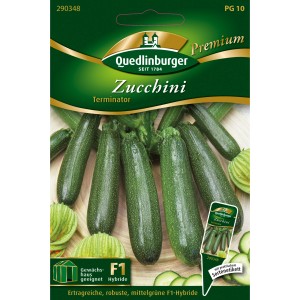 Quedlinburger Zucchini "Terminator" Saatgut: Mittelgrüne Zucchini auf der Packung.
